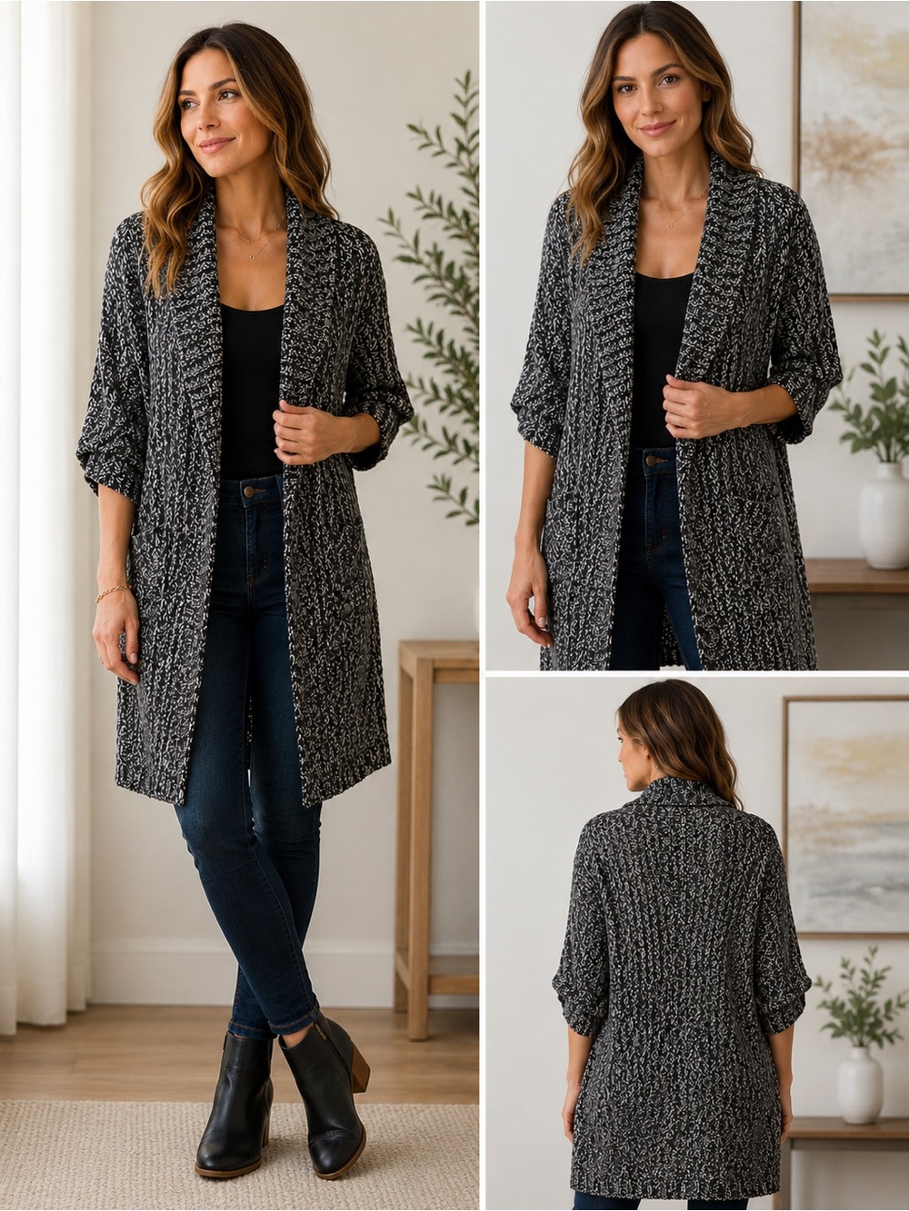White House Black Market Cardigan Womens M Black White Marled Knit Long Open